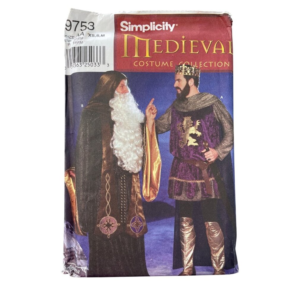 Simplicity 9753 Sewing Pattern Size XS-M Medieval Mens Merlin Wizard King UNCUT